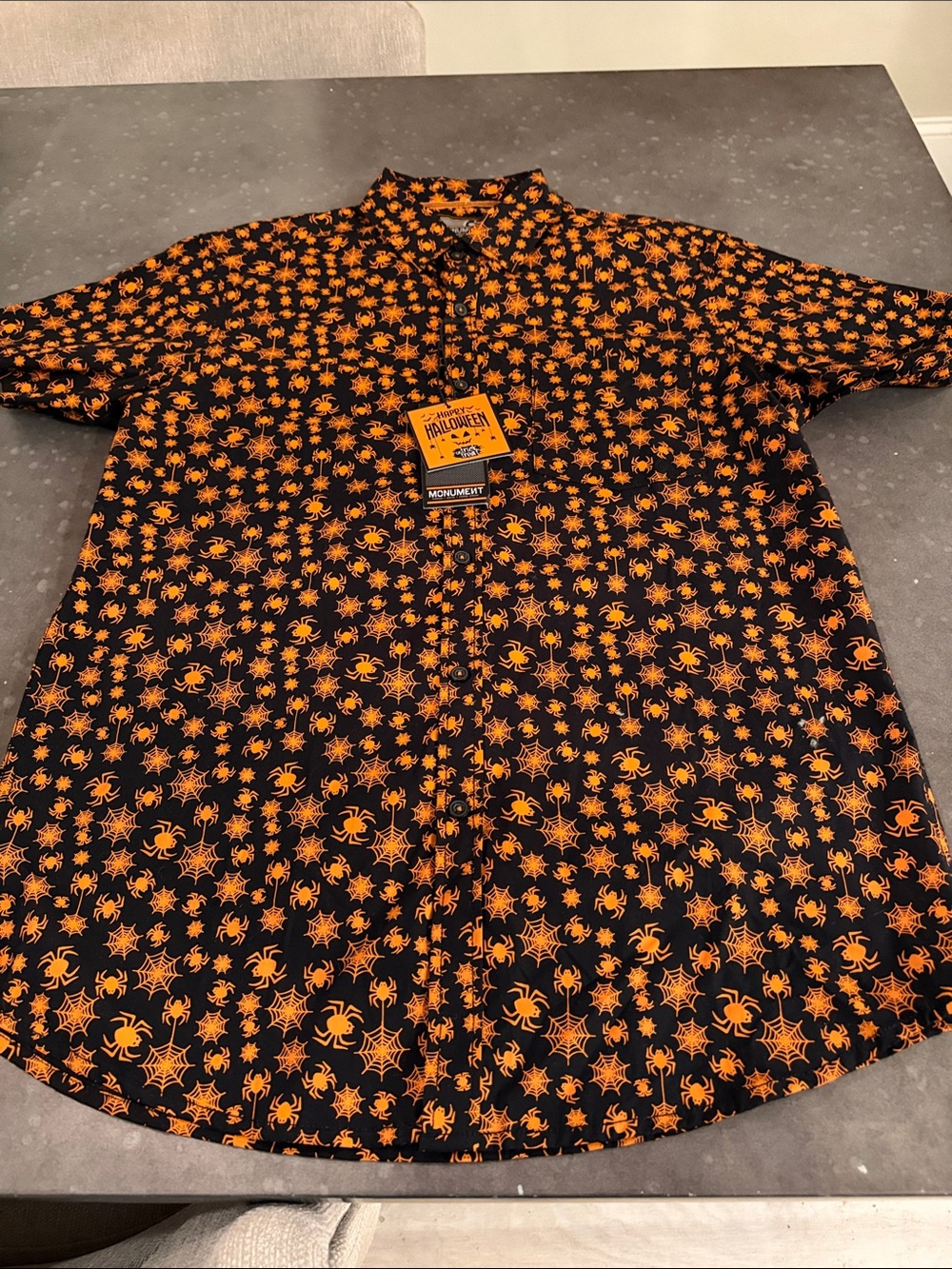 Monument Men's Short-Sleeve Button-Up Shirt - Black with Orange Spider Print